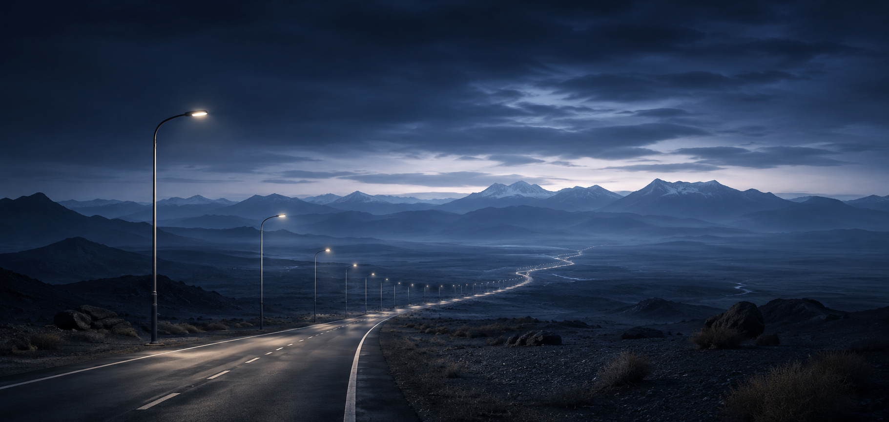 Night road through mountains